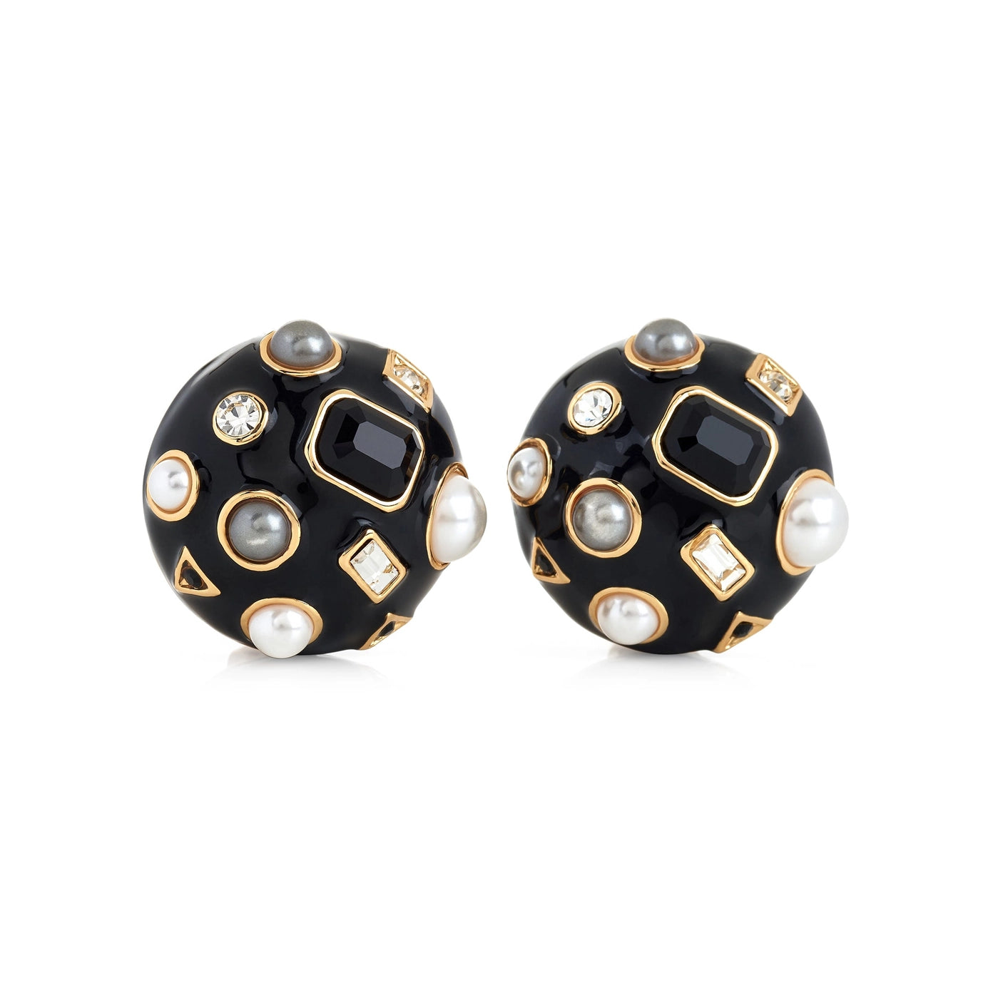 Kenneth Jay Lane Gold and Black Enamel Round Domed Earrings