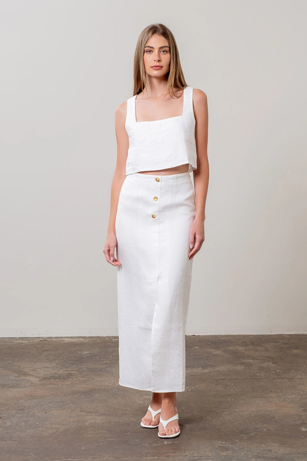 Moon River Front Button Detail Linen Midi Skirt in White