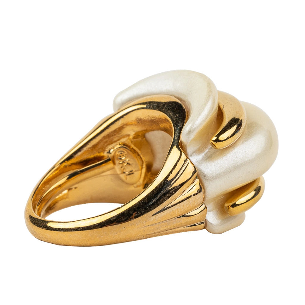 Kenneth Jay Lane Gold and Pearl Double Ribbed Ring